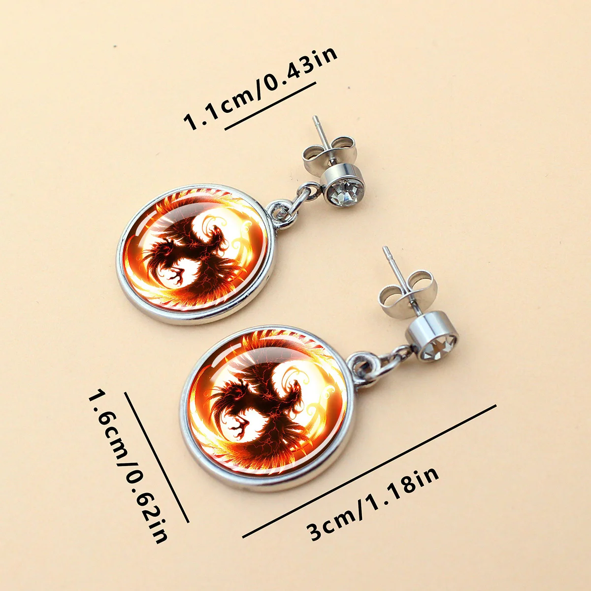 1pair Yin Yang Phoenix Divine Beast Theme Mythical Legend Pattern Glass Dome Dangle Earrings Silvery Frame Drop Earrings Gift