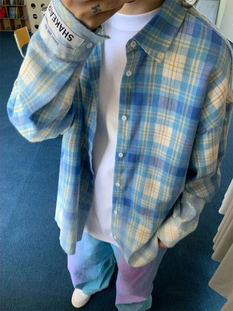 American Retro Blue Plaid Long Sleeve Shirt Men's Japanese Style Youthful Outerwear Collared Jacket Couple's Outfit Shirt
