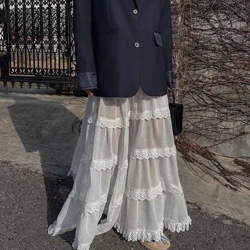 Chic High Waist Lace Splice See-tough Netting f-length Long Skirt Women's Sweet Sle A-line Pure Color Summer New Arrival
