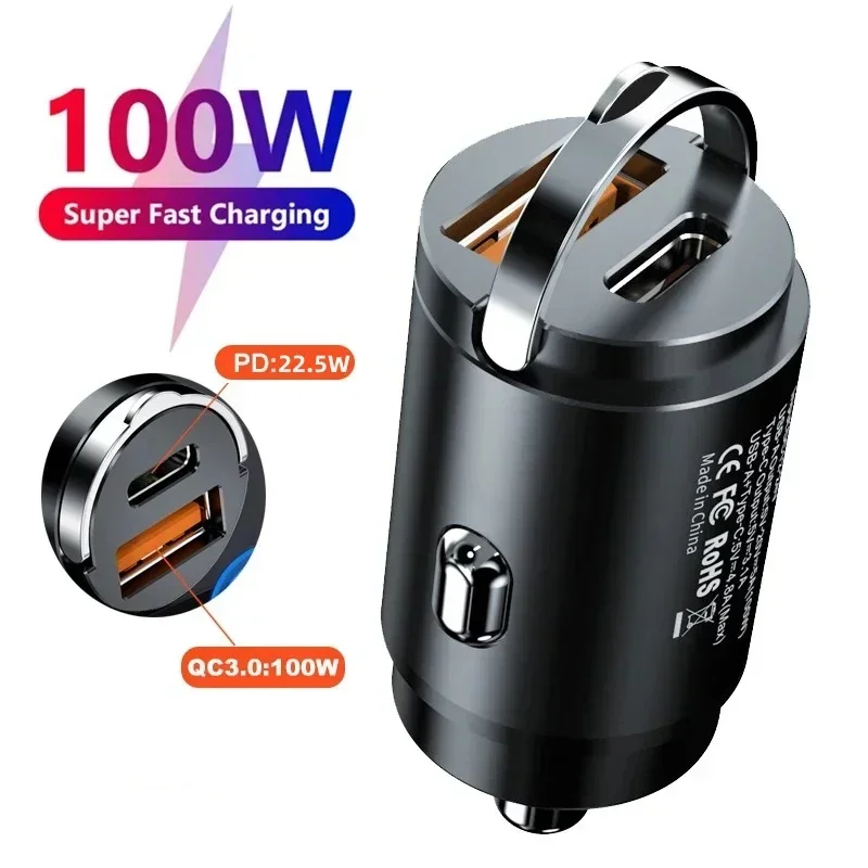 100W/200W Mini Dual Ports USB Car Charger Lighter Fast Charging Car Phone Charger Adapter For IPhone 13 12 Xiaomi Huawei Samsung