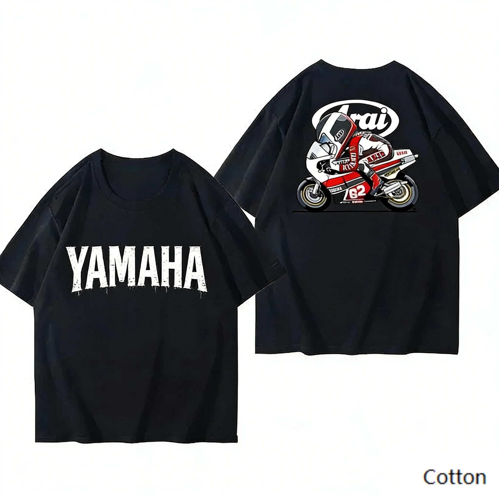 Retro YAMAHA Black Oversized Retro Racing Print Cotton T-Shirt Unisex Breathable Biker Street Top