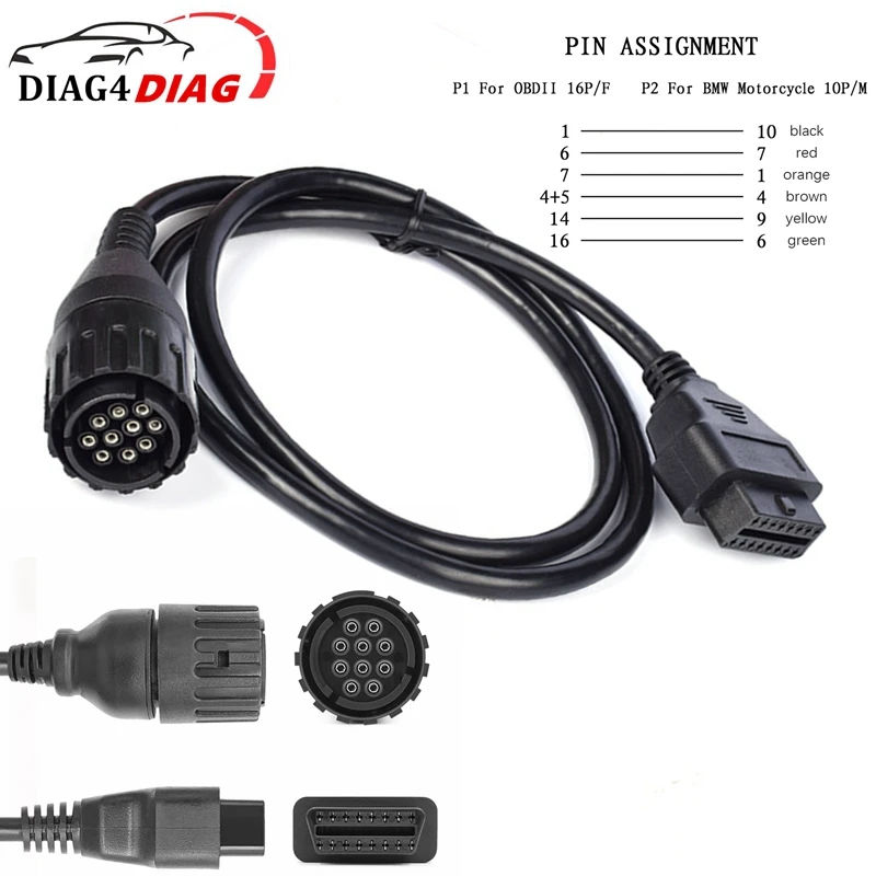 For BMW Motorcycles ICOM D 10PIN Extension Cable to 16Pin OBDII Diagnostic Cable Motobikes I-COM A2 OBD2 Diagnostic Cable