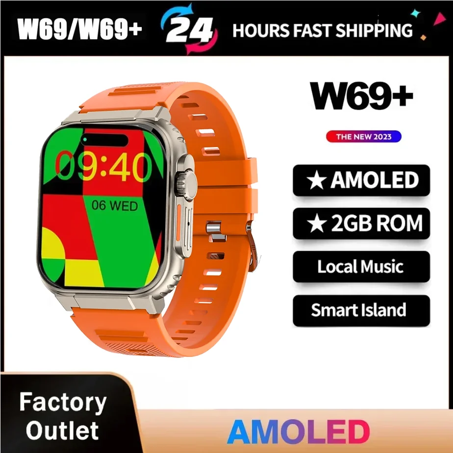 Montre connectée avec écran Amoled, 49mm, W69 + W69 Plus, Ultra, 2 go de ROM, NFC, musique locale,