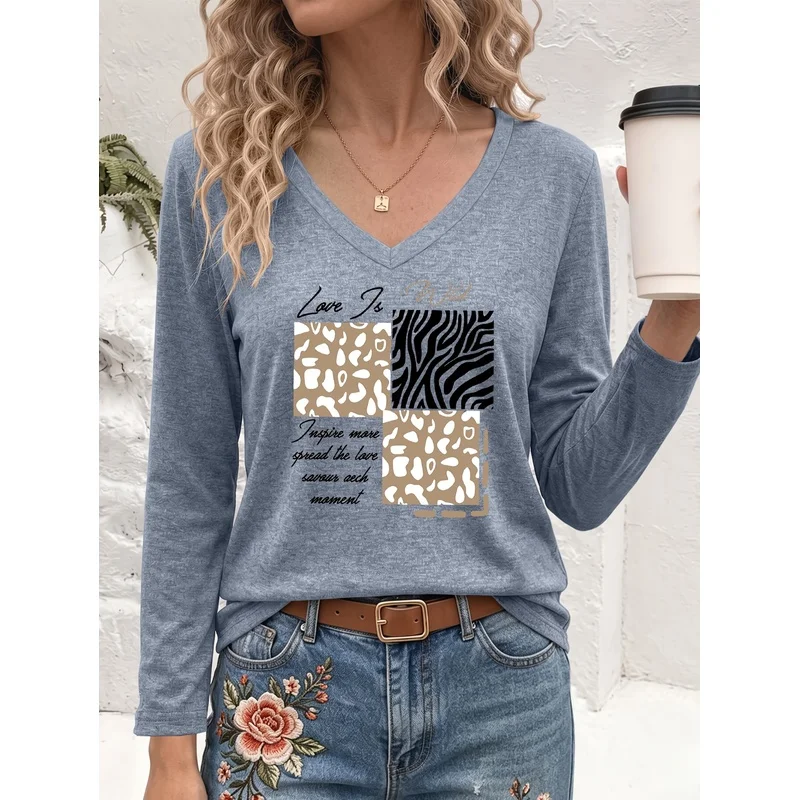 Autumn Winter New Style Cheetah Zebra Animal Print V Neck Long Sleeve T Shirt Loose Soft Casual Comfort Daily Basic Base Layer