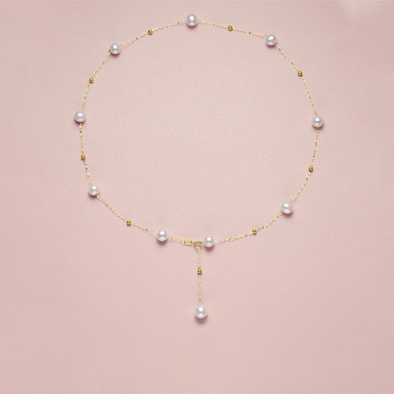 NYMPH Real 18K Gold Natural Pearl Necklace Au750 Chocker Fine Jewelry Round Party Gift For Women White X536