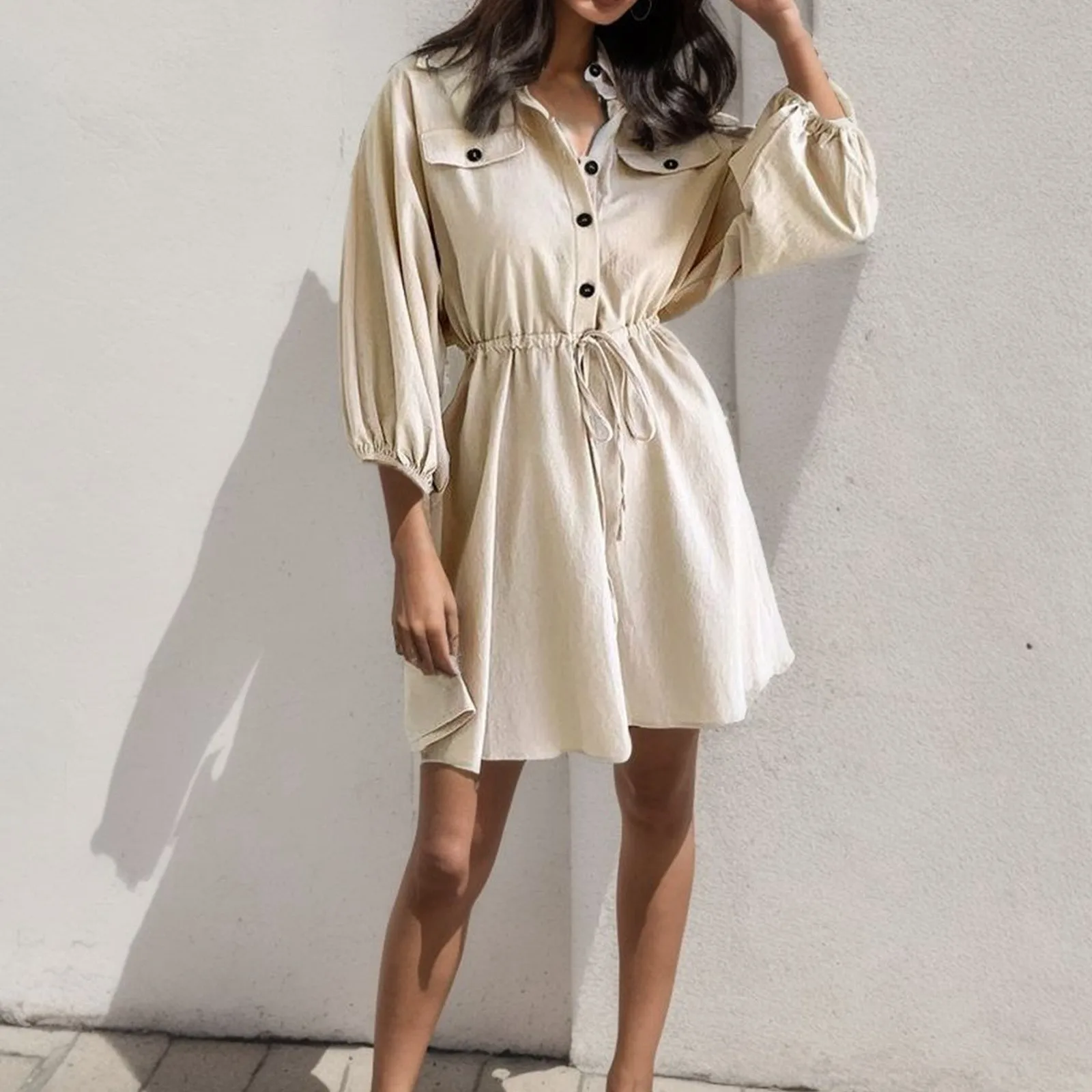 

Women's Spring/Summer V Neck Single Breasted Shirt Dress With Pockets And Waist Tie Casual And Comfortable Womens Loose Dress