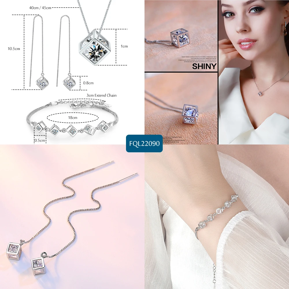 Fanqieliu Jewelry Sets Woman 925 Sterling Silver Drop Earrings Square Crystal Pendant Necklace Chain Bracelet FQL22090