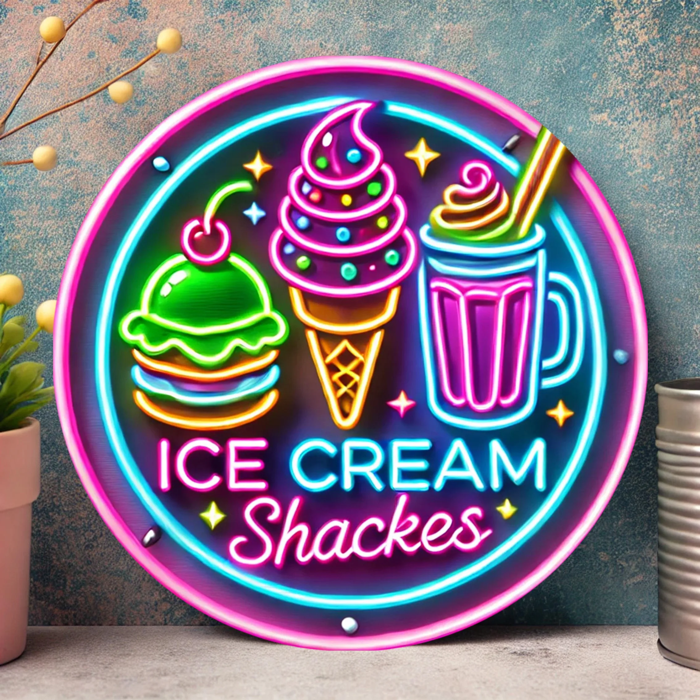 2D Flat Flat print  sign  8-Inch Round Sign with Colorful Ice Cream and Milkshake Design
