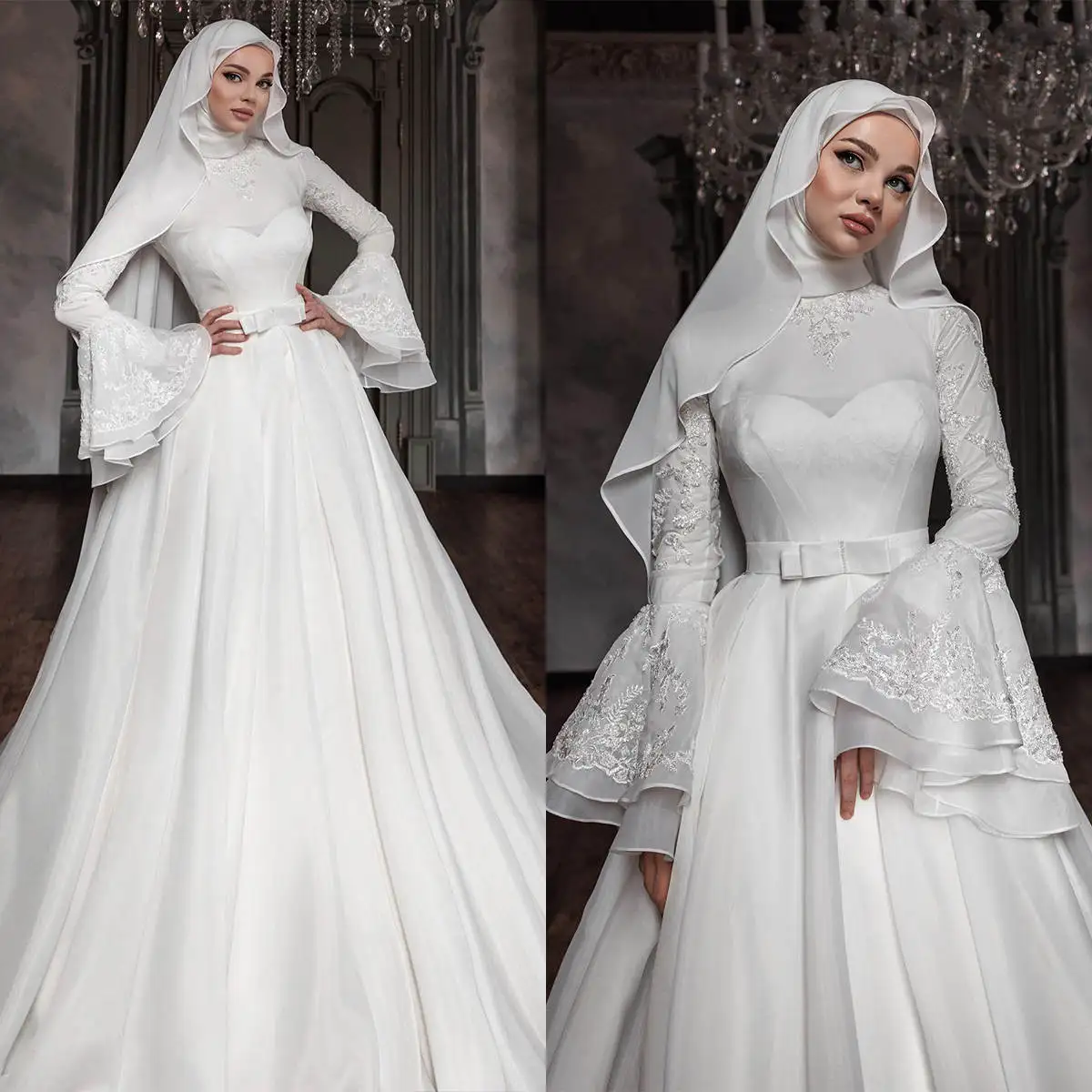 Classic A Line Wedding Dress With Veil High Neck Long Sleeve Bride Gowns Appliques Sweep Train Bridal Dresses For Arab