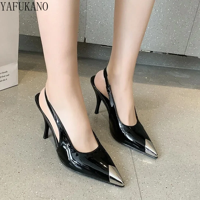 2024 Brand Women Pumps Sexy Stiletto Patent Leather Slingback High Heels Metal Pointed Toe Summer Shoes Cozy Party Dress Shoes