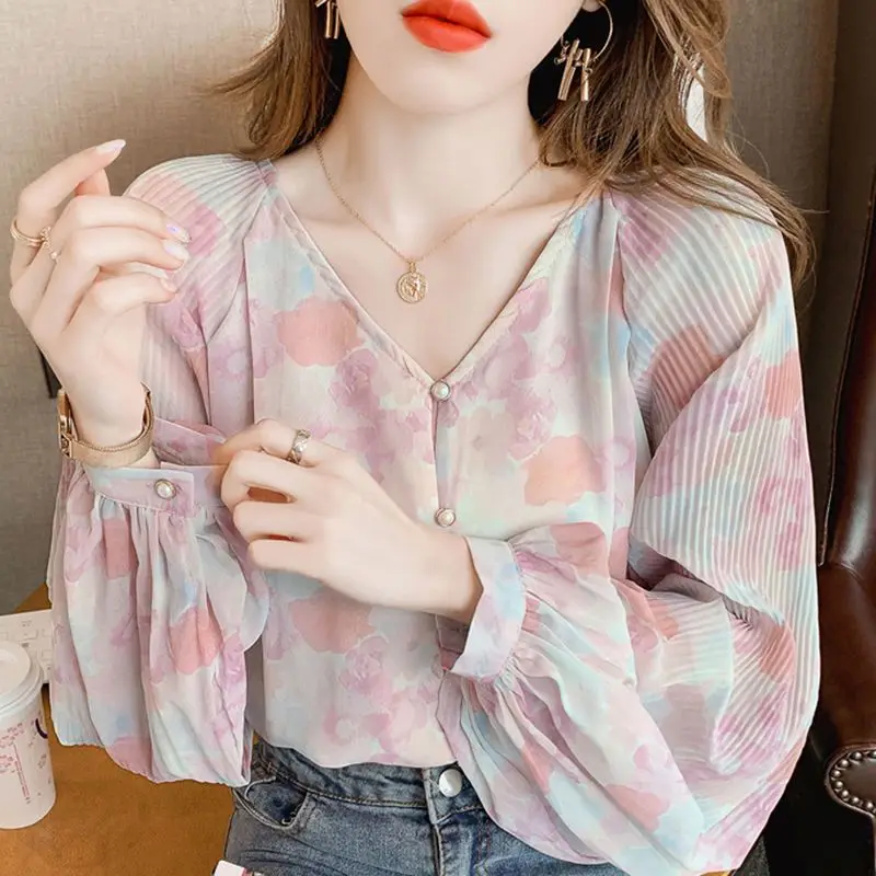 Floral Print V Neck Sweet Chic Pleated Street Button Shirts Casual Loose Long Sleeve Top Blouse Women Blusas Mujer De Moda 2023