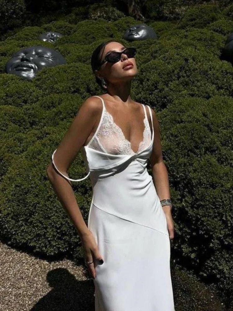 

Solid Color Slit Lace Trim Satin Slip Dress Women Summer Long Elegant Figure Hugging Night Out New Pure Desire Style Hot Girl