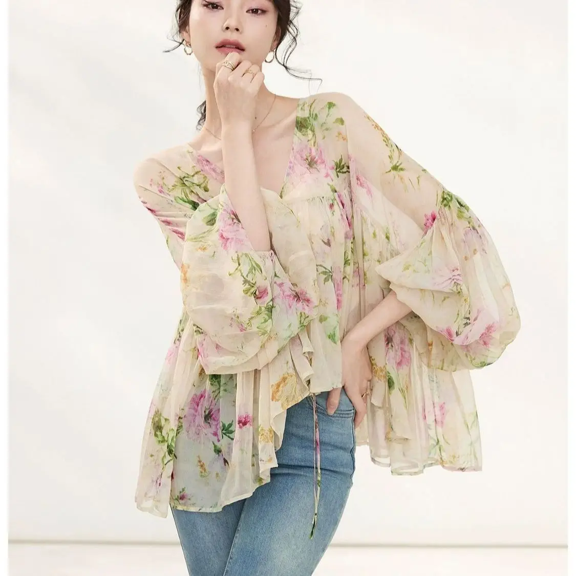 

Французская солнцезащитная рубашка с принтом для женщин, новинка весны-лета 2025, свободная, скрывающая фигуру, из шифона