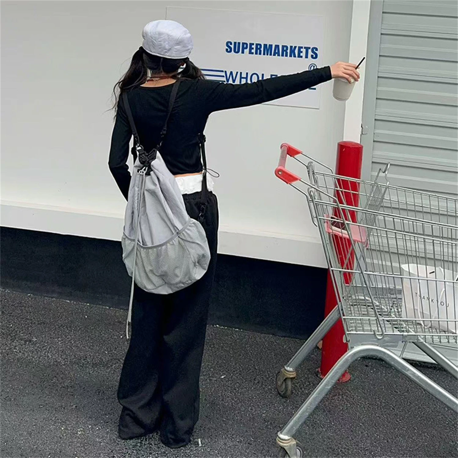 Women's Y2K Lace Waist Wide Leg Pants Letter Print Baggy Streetwear Trousers Casual Loose Sweatpants