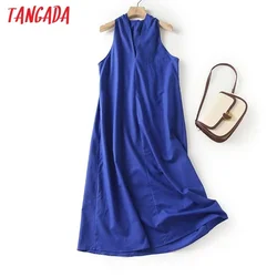 Tangada 2024 Women Blue V Neck Cotton Linen Dress Ladies Sleeveless Elegant Dresses 4C120