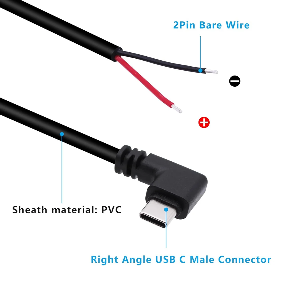 90 Degree USB C 2 Pin Bare Wire Open End Power Cord, 2 Pin Pigtail to Type C Male DIY Cable 5V/2A, for Replacement or Repair
