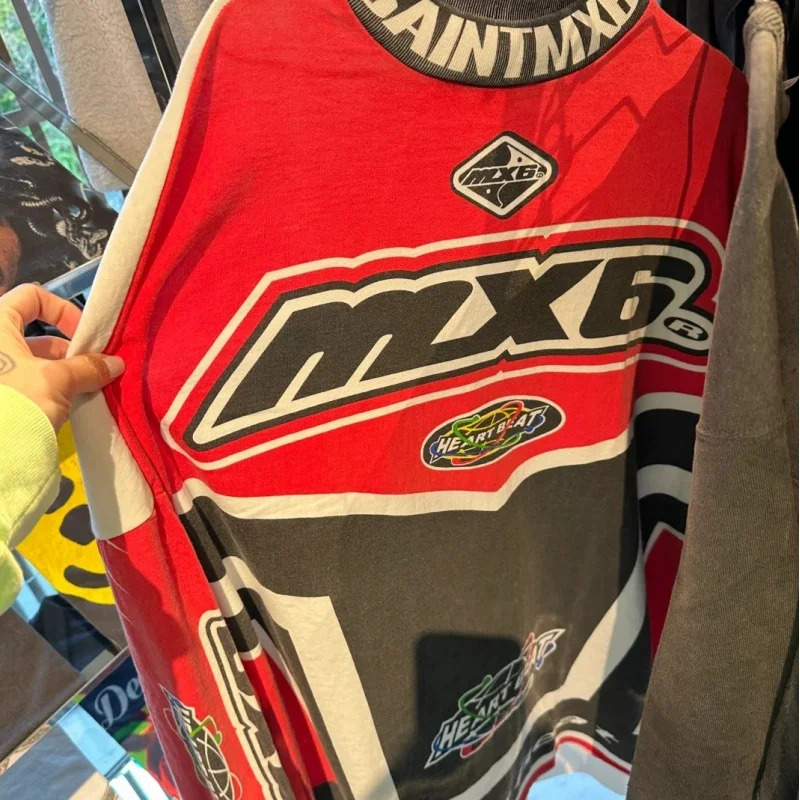 

High Quality Vintage Saint T-shirts Men Women Red Racing Style Cracked Washed Do Old Long-sleeved Tee