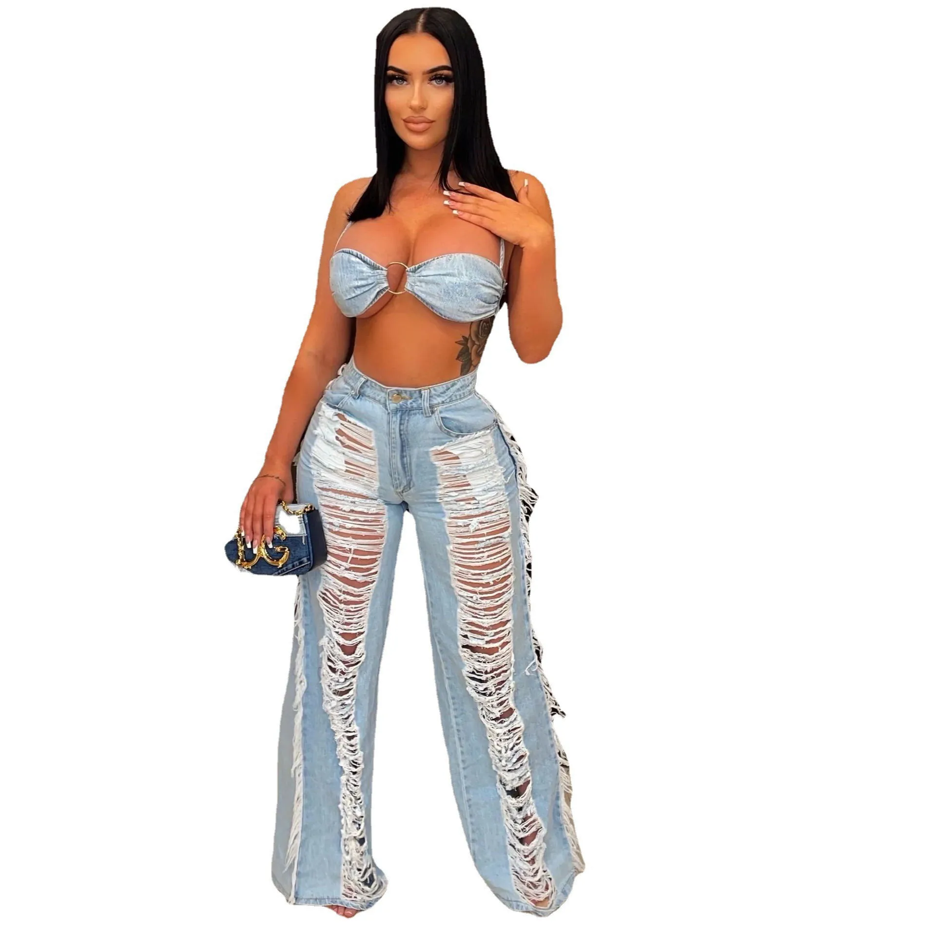 Sexy Loch Quaste Denim 2 Stück Set Frauen 2023 Neue Casual Lace Up Crop Top + Breite Bein Hosen Club outfits Streetwear Y2K Kleidung