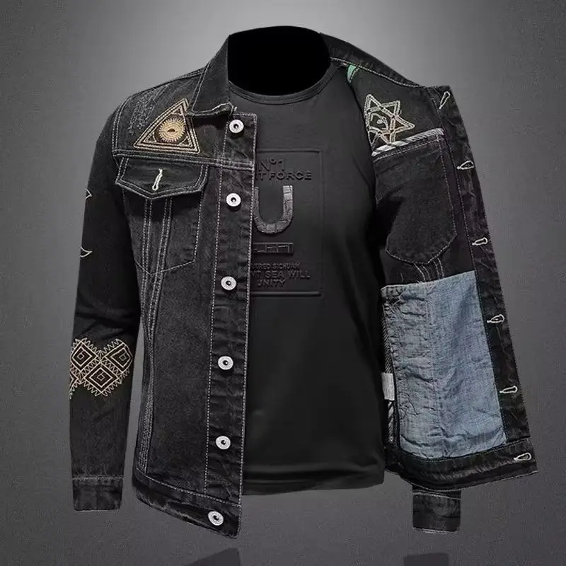 New Spring and Autumn Men\'s Denim Jacket Classic Retro Embroidered Lapel Motorcycle Jacket Trendy Fashion Loose Casual Denim Top