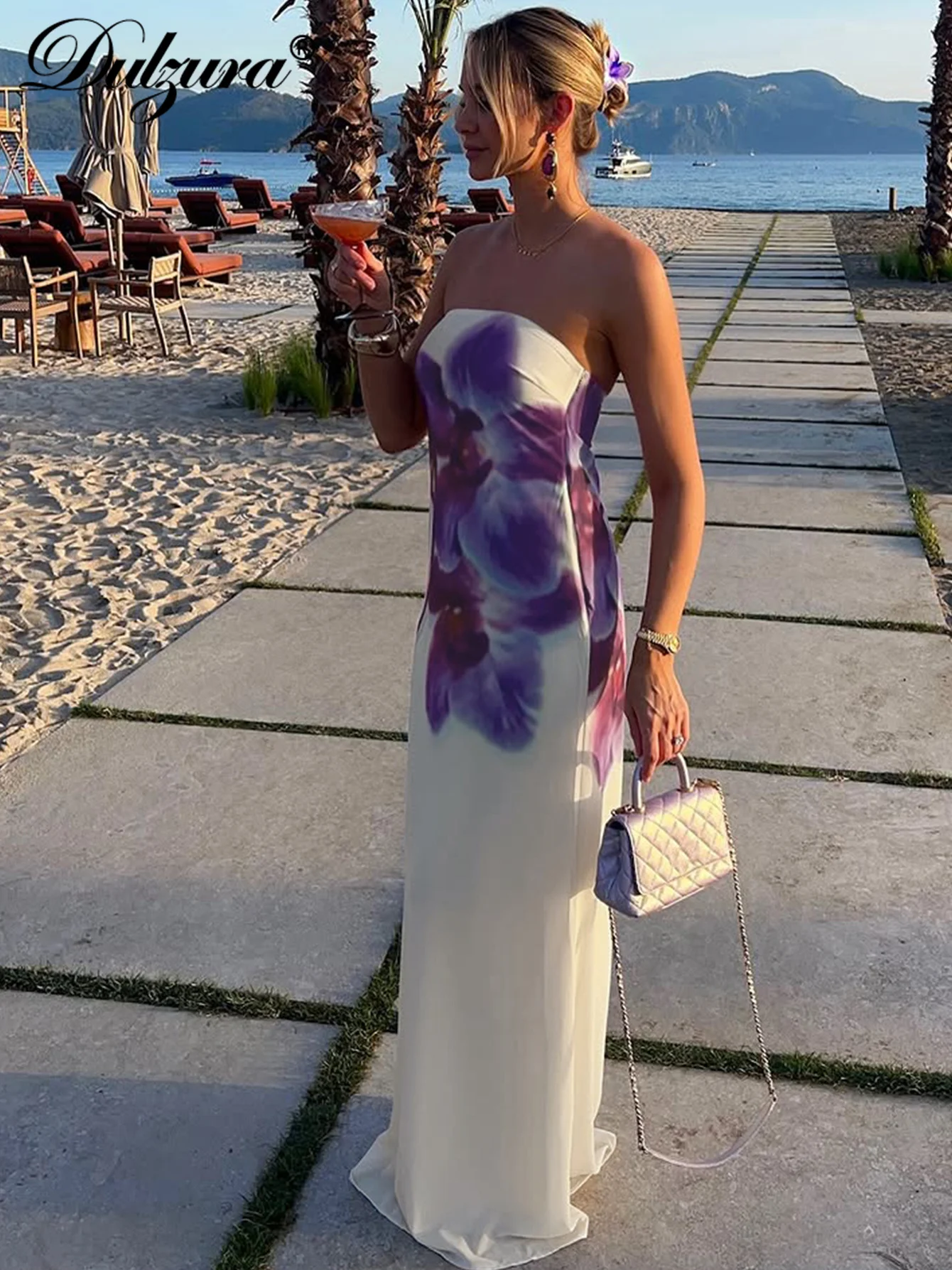 Dulzura Summer Fashion Chest Wrapping Backless Slim Fit Mesh Print Long Dress Ladies Sexy Elegant Evening Party Club Prom Outfit