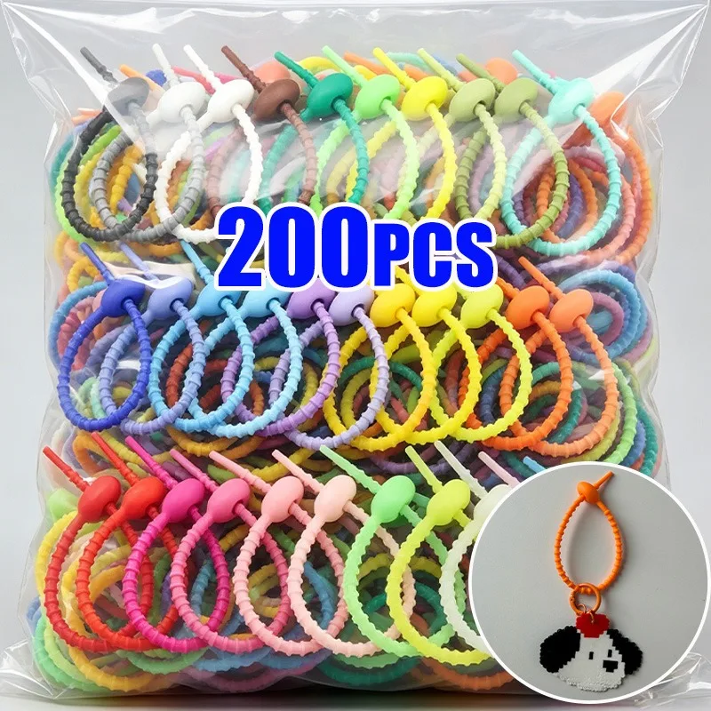 200pcs Fashion Silicone Reusable Bag Ties Keychain Twist Wire Fasten Cable Zip Tie Headset Data Line Wire Universal Tie Rings