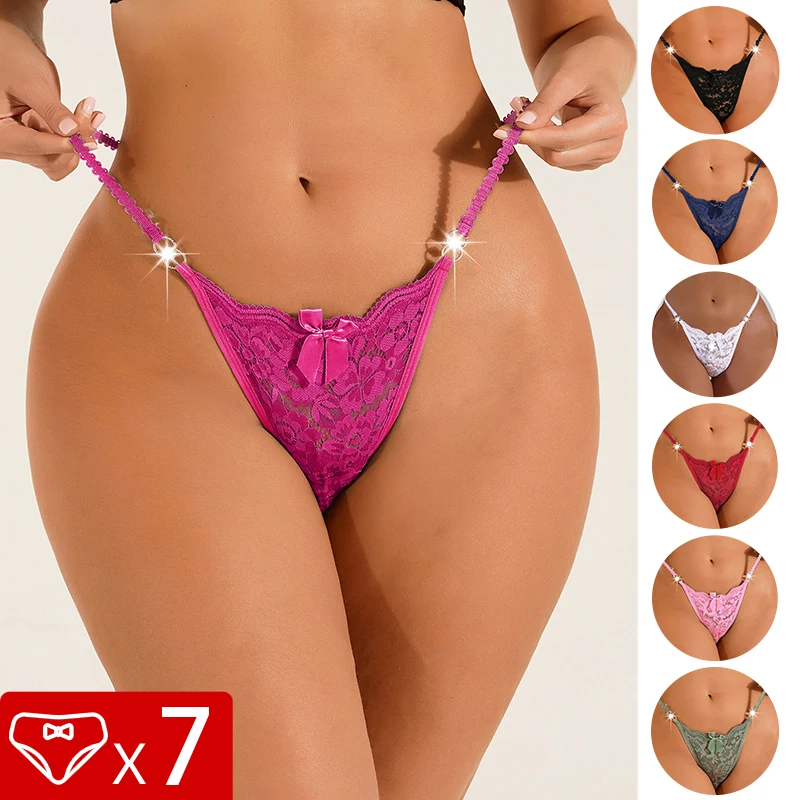 

7 шт./упак., сексуальные кружевные женские стринги с низкой посадкой, элегантное сексуальное женское белье, трусики с цветочным принтом, декор со стразами, женское нижнее белье, женские стринги