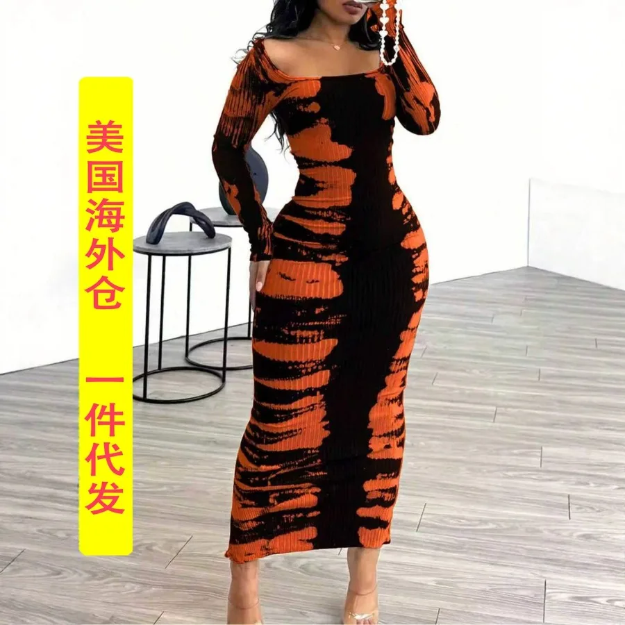 

【New style】European and American women's clothing hip bag split long sleeves slim pit strip long skirt low-collar sexy and tigh