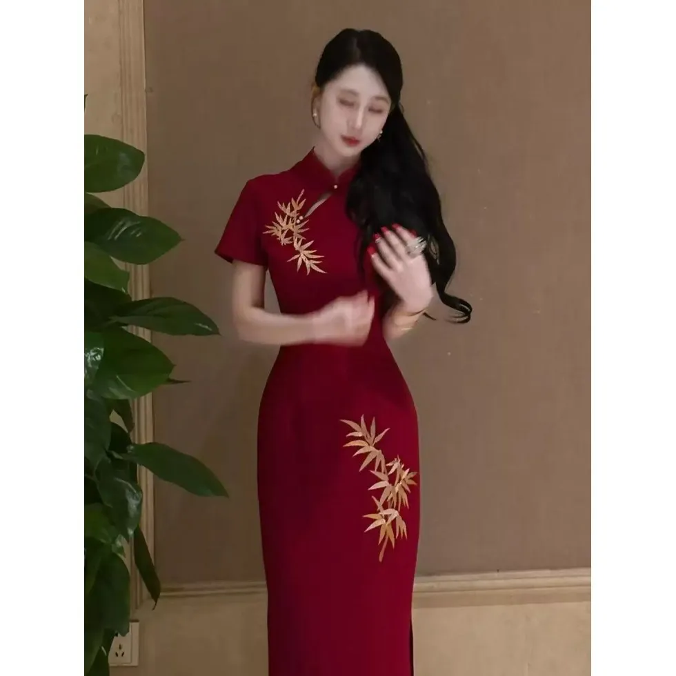 

Women's Bamboo Print Dress, Slim-Fit Dress, Cheongsam, Vintage 2025