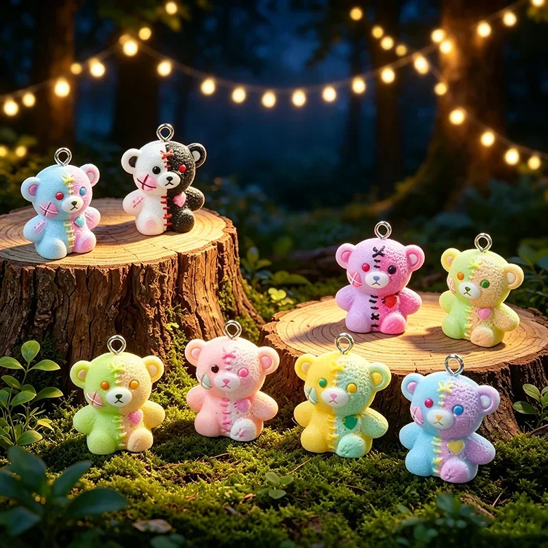 10Pcs Halloween Broken Teddy Bear Resin Pendants, Patchwork Stitched Bear Charms Findings for Handmade Earring & Keychain Craft