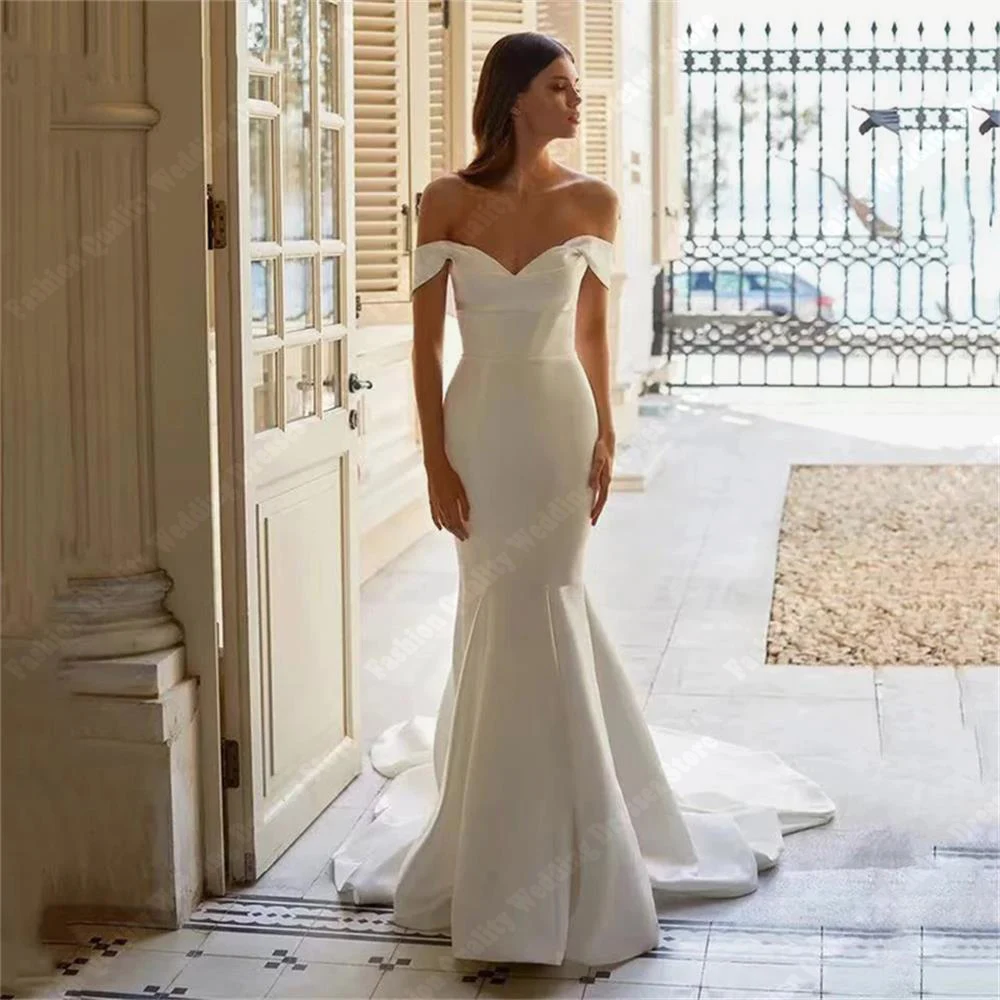 Vestidos de casamento simples e elegantes para mulheres, decote em V sexy, fora do ombro, mangas compridas, vestido de noiva, envoltório sereia, nádegas