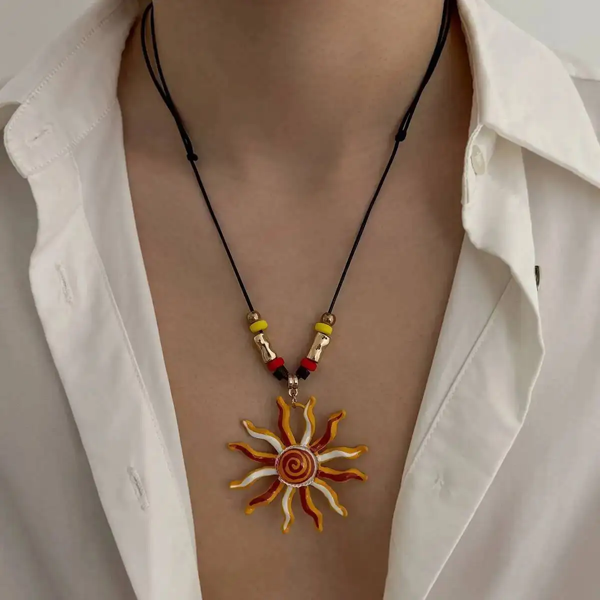 SHIXIN Trend Personality Alloy Oil Dripping Sun Pendant Necklace Women Retro Geometry Black Rope Clavicle Chain Fashion Jewelry