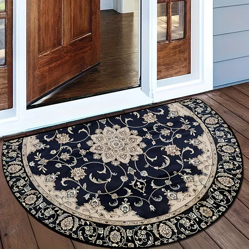 Vintage Persian Style Half Round Doormat Mandala Floral Welcome Mat Non-Slip Entrance Rug Classic Semi-Circle Floor Carpet