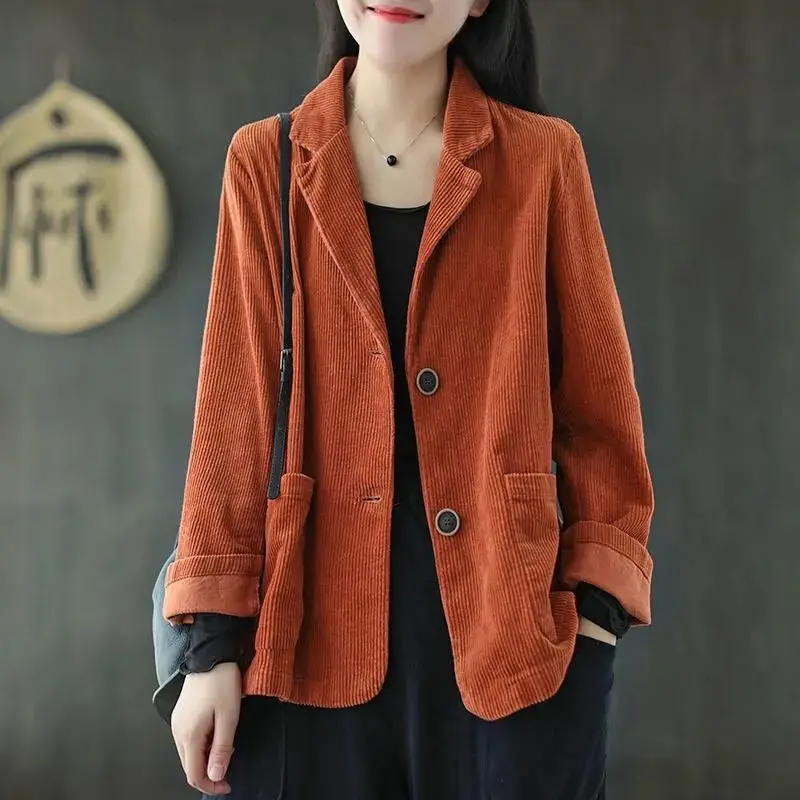 Spring Autumn Women Vintage Corduroy Casual Streetwear Pockets Notched Blazers Female Simple Solid Long Sleeve Loose Suit Jacket