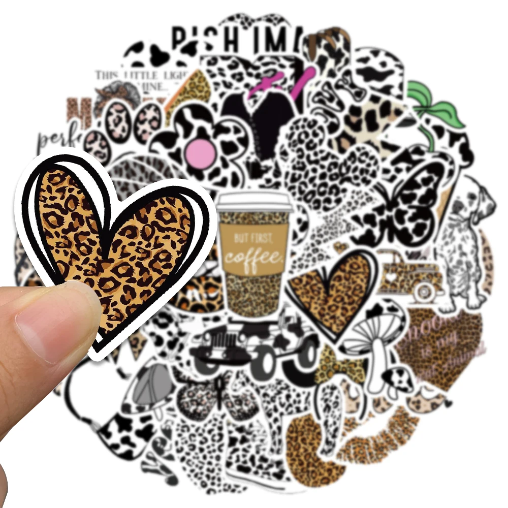 Retro Cartoon preto e branco Leopard Print Adesivos, à prova d\'água, decalques para laptop, guitarra, telefone, grafite, bicicleta, carro, 50pcs