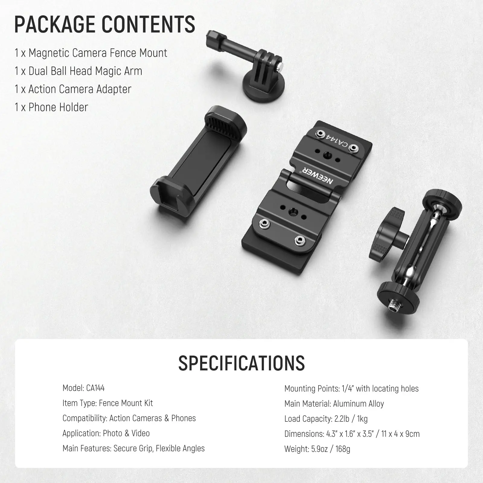 NEEWER Magnetic Fence Mount for Mevo Start Pocket Radar GoPro Insta360 DJI, Dual Mounting Kit Compatible with Gamechanger App