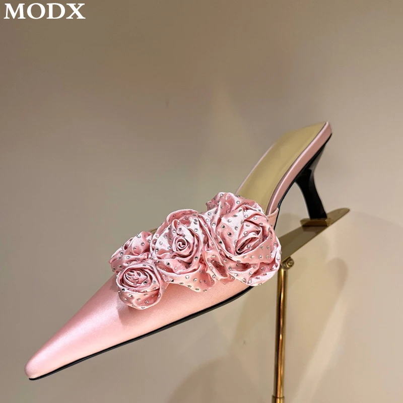 Silk Rose Flower Decoration High Heeled Slippers Women's Outdoor Elegant Pointed Closed Toe Wedding Shoes Large Size Sexy Pumps