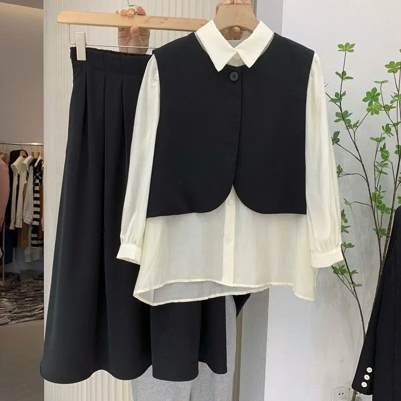 Fashion Women's Set 2023 Spring and Autumn New Korean Edition Slim Tank Top Shirt Half Skirt Elegant Women's Three Piece Set