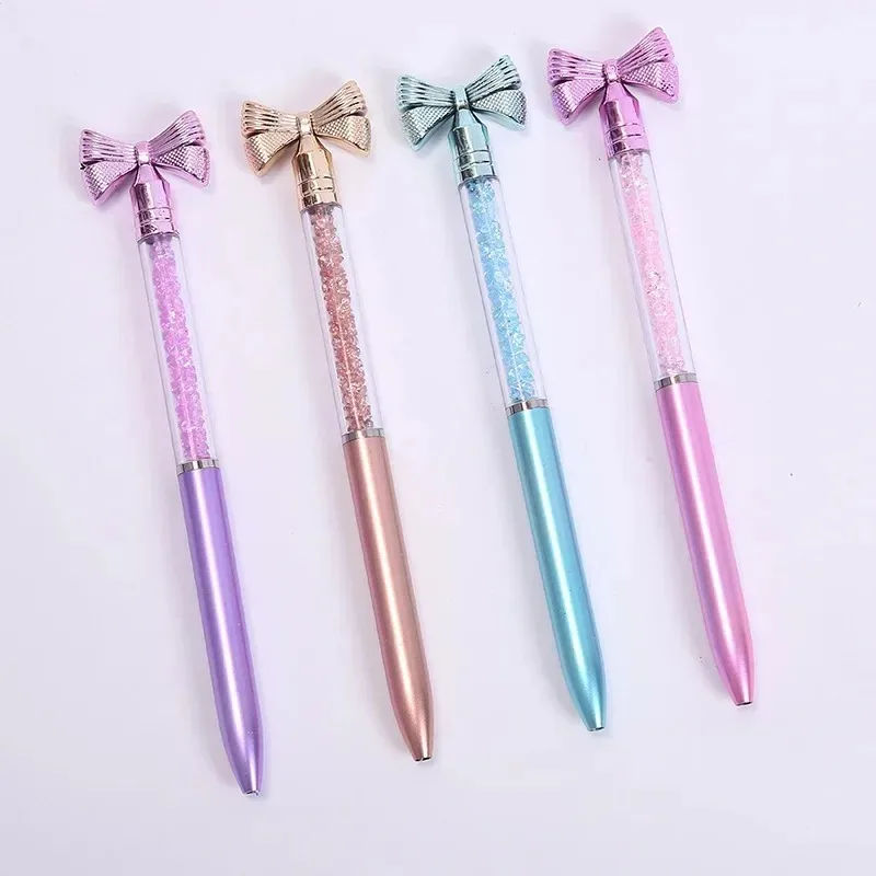 4Pcs/Lot Cute Bowtie Rotating Ballpoint Pen Blue Ink Writing Oil Pens Crystal Flowing Sand Diamond School Office Supplies Gift
