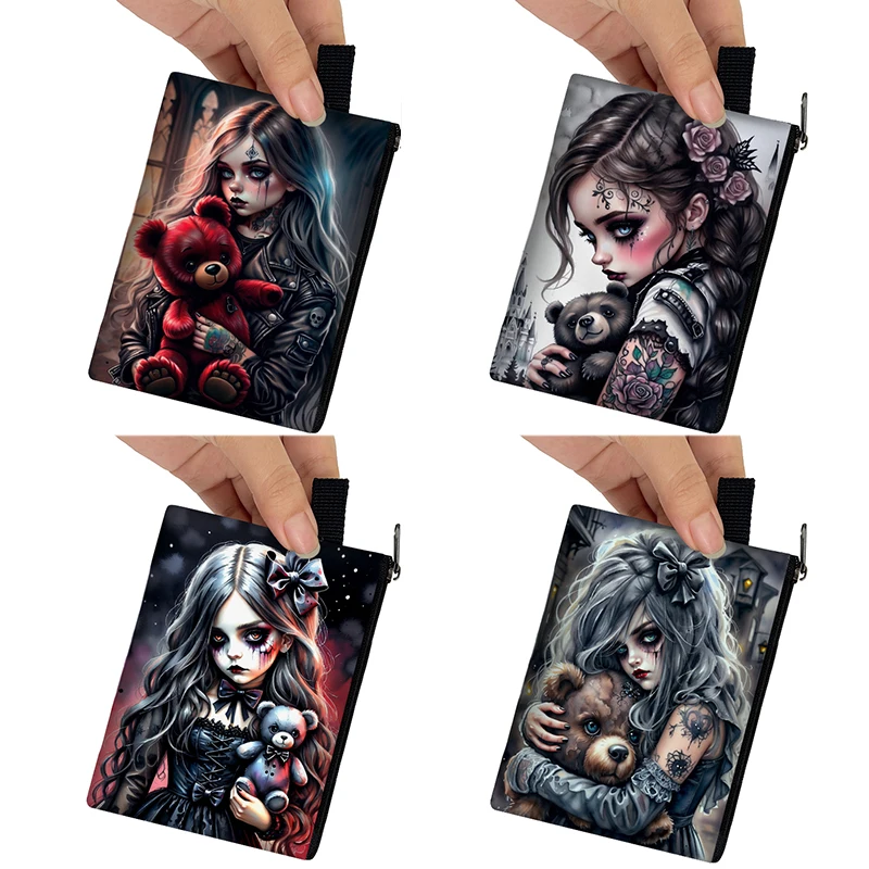 

Cartoon Gothic Girl and Bear Doll Print Coin Purse Cool Goth ID Credit Card Holder Money Bags Wallet Pouch Earphone Storage Bags