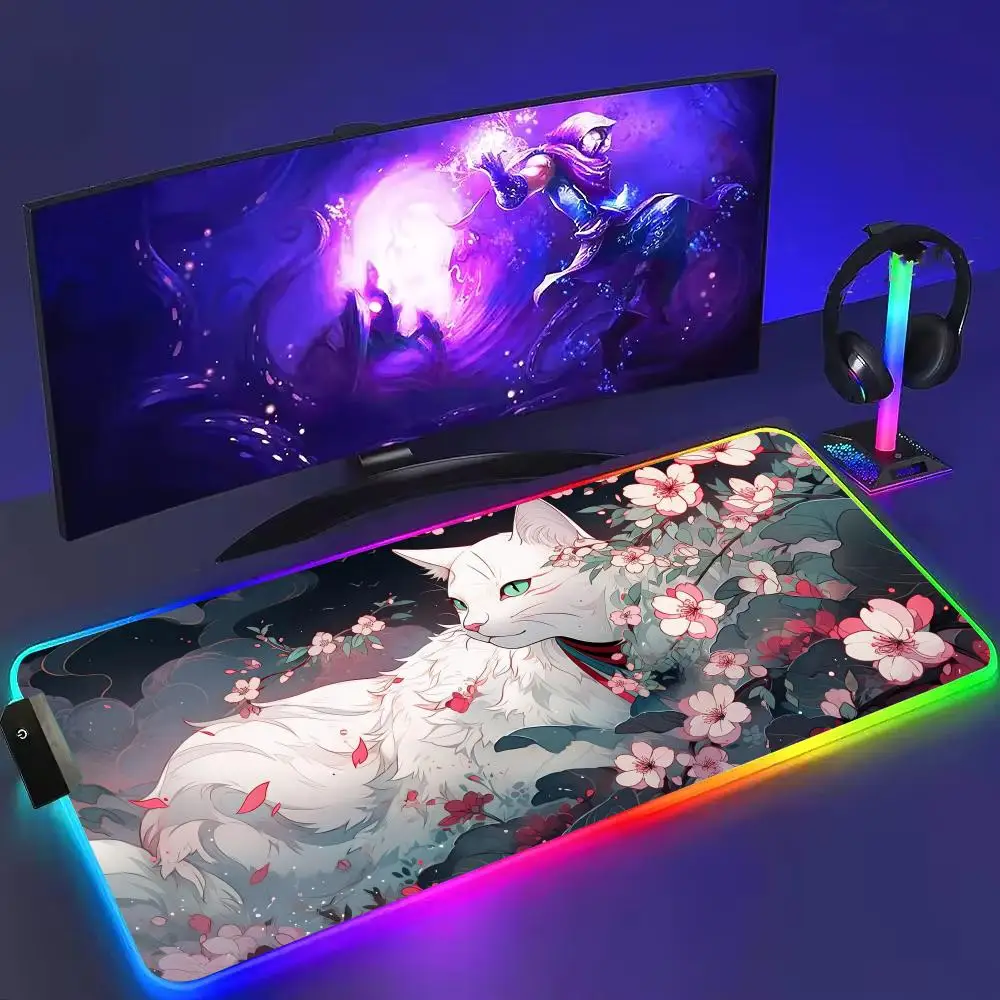 

Cartoon Cat RGB Lighted Mousepads Mechanical Keyboard Pads Office Computer Accessories Carpet Mats LED Anti-slip Game Table Mat