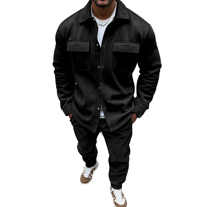 Autumn Winter Men's Casual Shirt Jacket And Pants Two Piece Set Solid Male Suede Velvet Warm Comfortable Suit Overalls