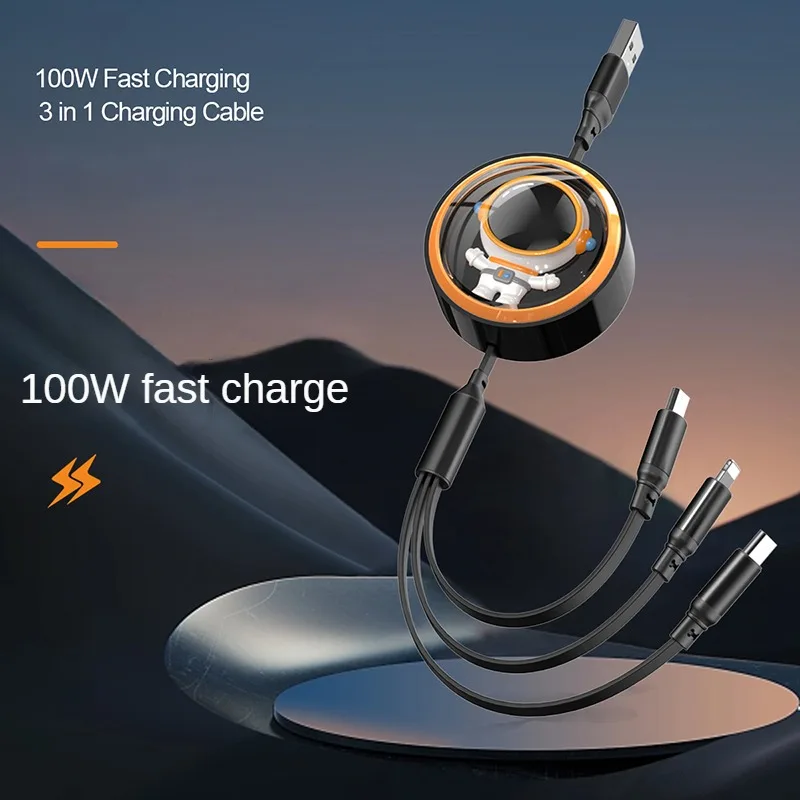 كابل USB 100 وات ثلاثة في واحد قابل للسحب للشحن السريع والبيانات USB صغير من النوع C مناسب لهواتف iPhone وAndroid وXiaomi وHuawei