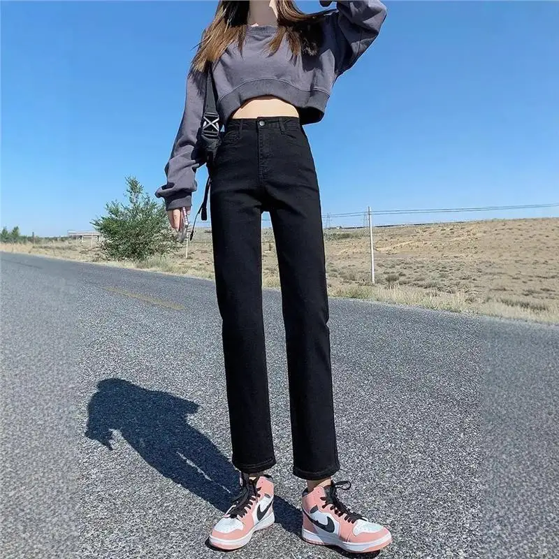 High Waist Loose Fit Straight Leg Denim Jeans Women's Versatile Black Slimming Short plus Size Autumn Winter Sexy Style
