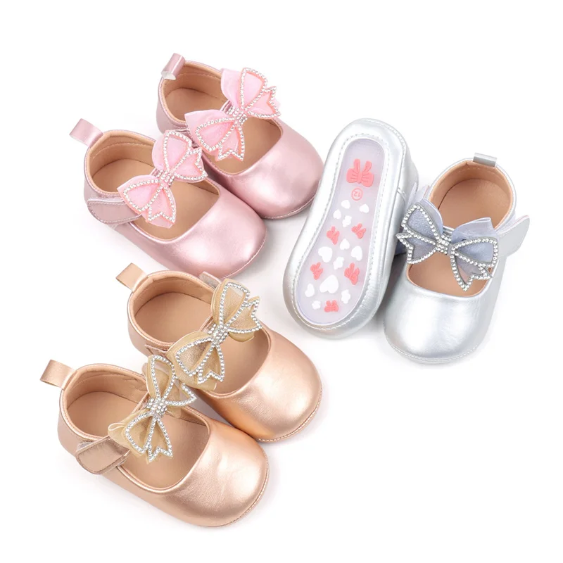 Cathery sepatu bayi perempuan Mary Jane flat lucu Rhinestones busur tambal sulam gaun sepatu Non-Slip sepatu boks bayi baru lahir sepatu kulit anak