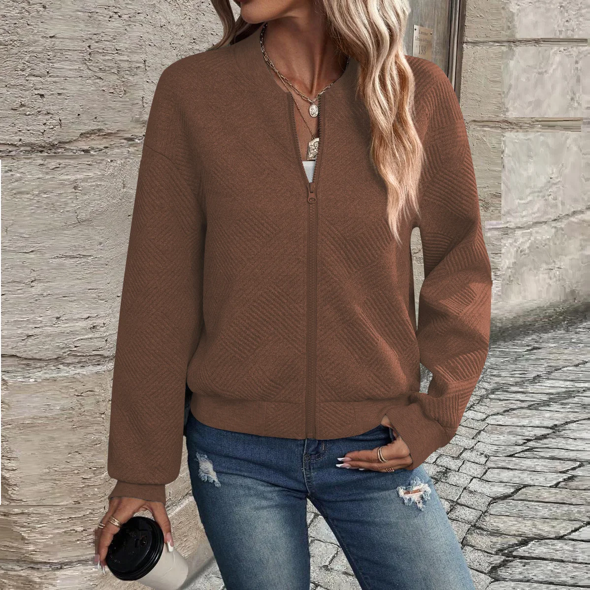 Damen Herbst- und Winterjacke, Neu, Einfarbig, Schlicht und Exquisit, mit Reißverschluss, Baseballkragen, Lässige Jacke – Detail 16