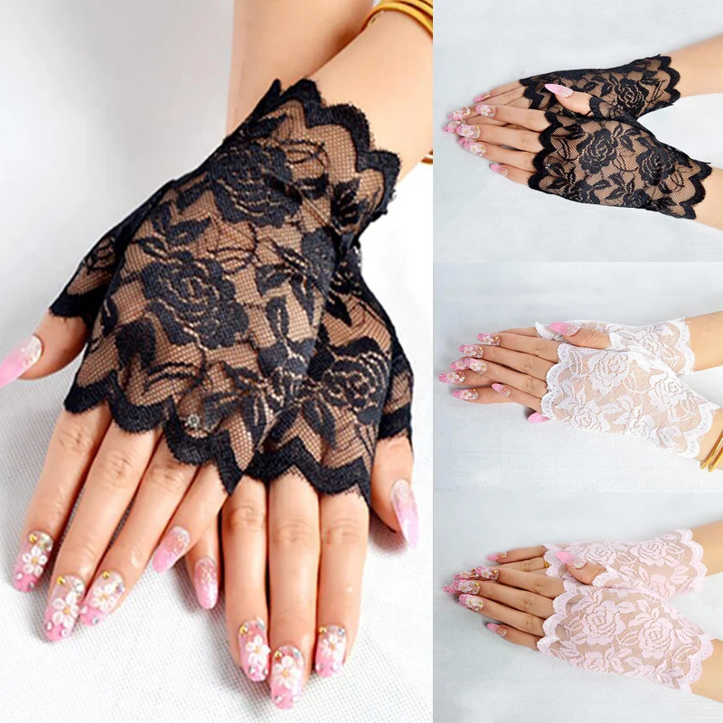 Sexy Bridal Lace Fingerless Gloves For Women Party Dressy Gloves Sunscreen Gloves Girls Mittens Black White Pink Gloves