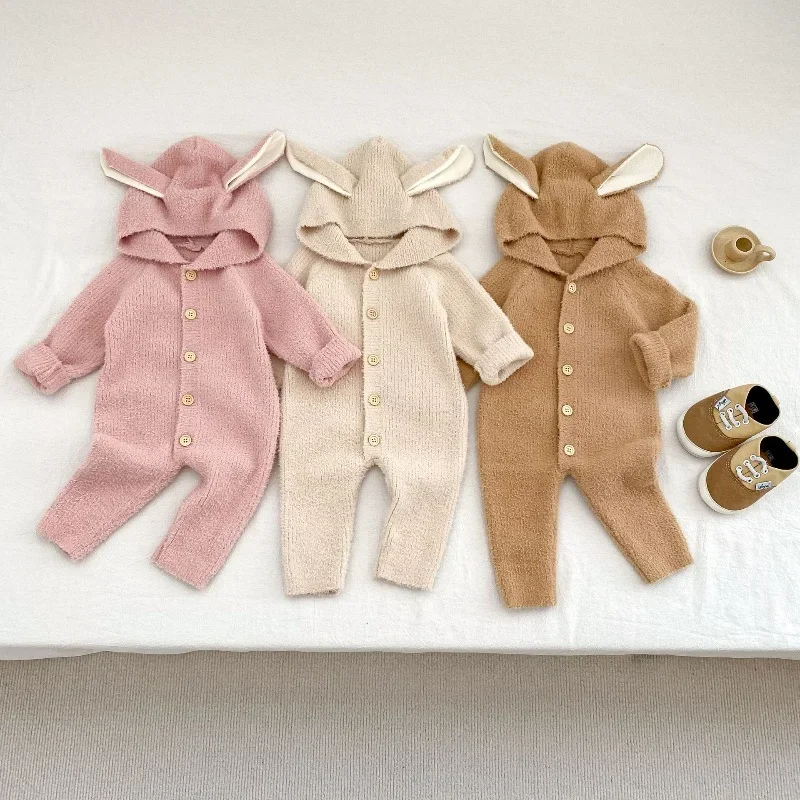 

0-2Y Baby Romper Bunny Ear Hooded Knitted Jumpsuit Cartoon Animal Solid Color Infant Onesie Outing Clothes
