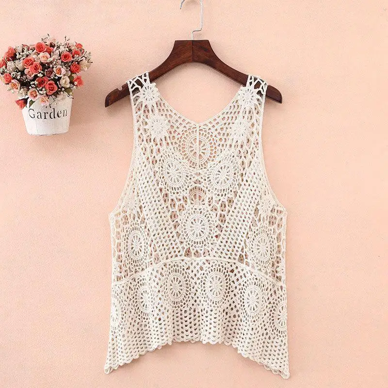 

Women's plus Size Hollow-out Vest Camisole Outer Wear New Large Swing Knitted All-Matching Sleeveless Blouse Waistcoat Summer