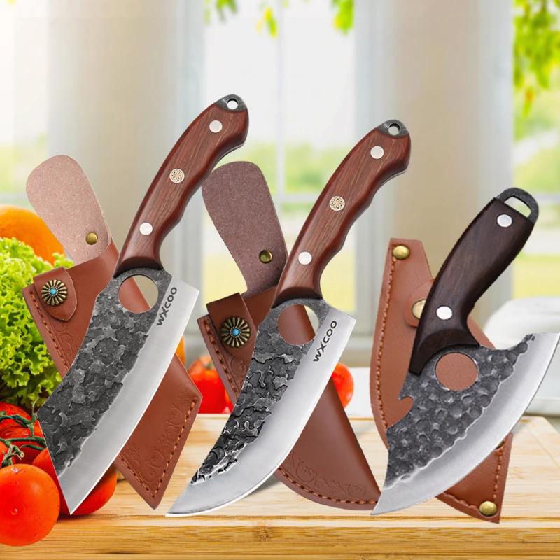 Multifunctional Hand Forged Butcher Knife Meat Cleaver Boning Knife Stainless Steel Kitchen Knife with Full Tang Wooden Handle