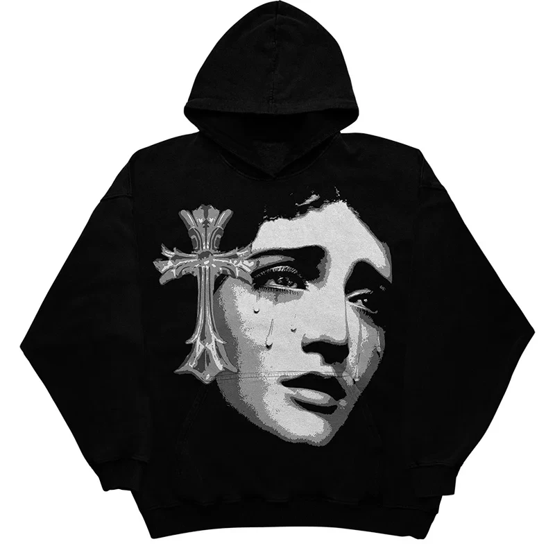 2000s Vintage Streetwear the Crying Girl Print Long Sleeve Oversized Hoodies Women\'s Y2K Gothic Harajuku Pullovers Women Clothes